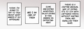 [imaat] A giant fox girl swallows humans whole while reviewing food in a vore manga [English/Japanese] cover