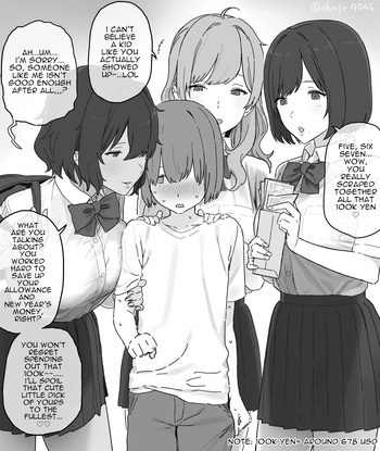 [Shinjiro] Isshoukenmei tameta okozukai juuman de enjo kousai o boshuu shitara gokuaku oneesan sannin ni me o tsukerarete shimai, tekitou ni shasei saserareta ageku sekkusu mo shite nai noni juuman zengaku fundakureru kawaisou na otoko no ko [English] cover