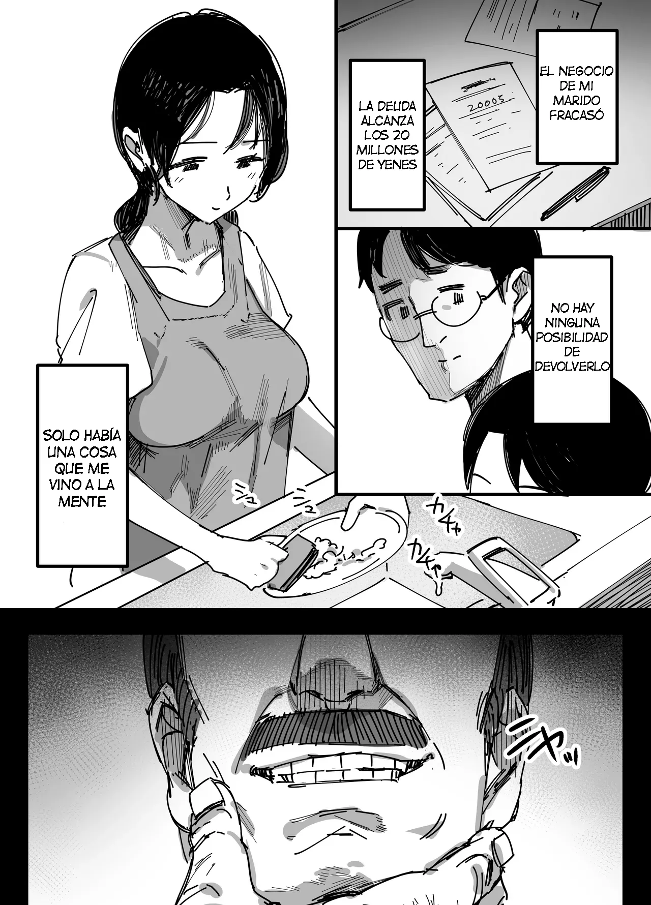 Otto no Shakkin Nakadashi Hensai Gifu ni Mi o Uru Komochi Tsuma｜Una Mujer Casada Vende su Cuerpo a su Suegro page 3 full