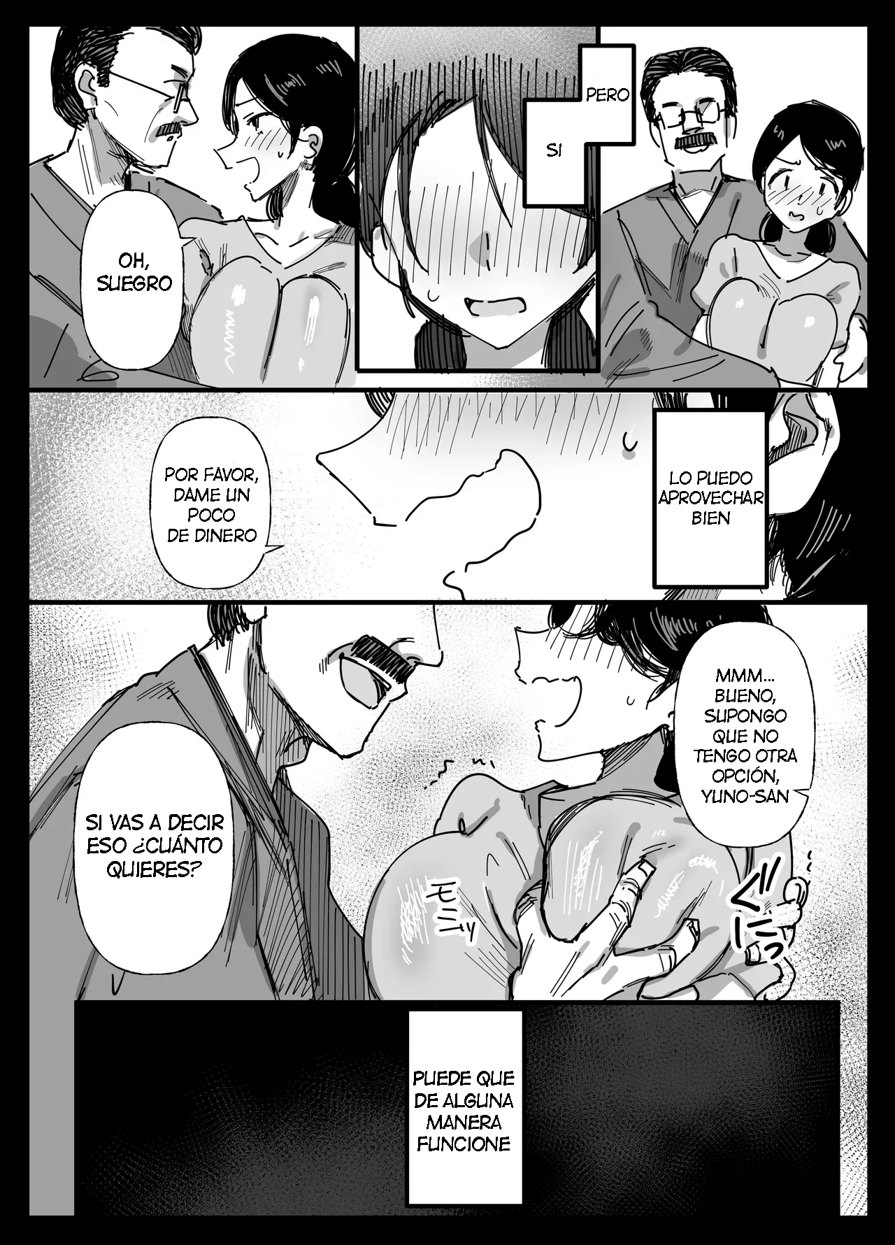 Otto no Shakkin Nakadashi Hensai Gifu ni Mi o Uru Komochi Tsuma｜Una Mujer Casada Vende su Cuerpo a su Suegro page 5 full