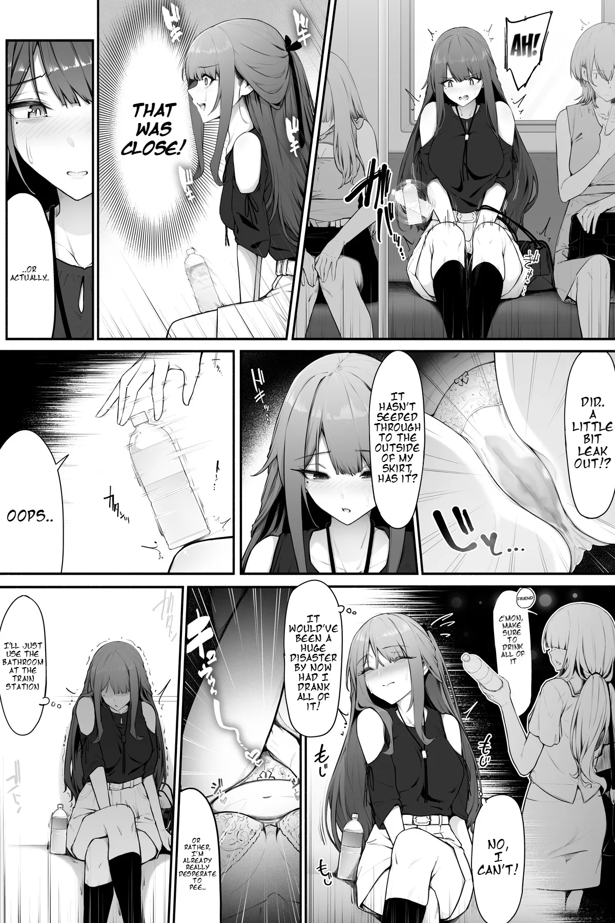 A woman who needs to pee but drinks water to help her pee page 2 full